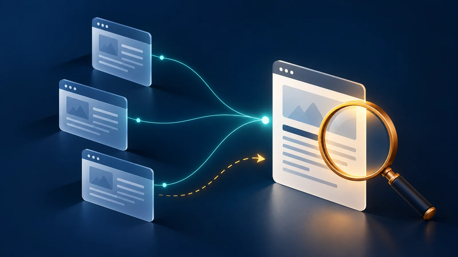 Duplicate web pages converging on a source page inspected with a magnifying glass