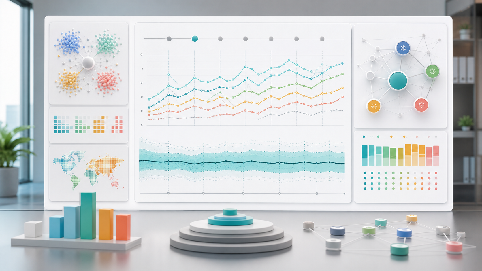Abstract dashboard measuring AI visibility across prompts and engines