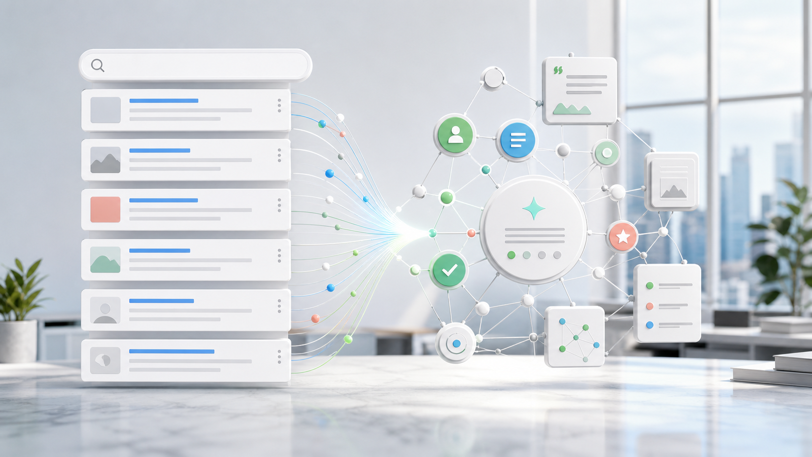 Abstract comparison between search result cards and AI visibility signals