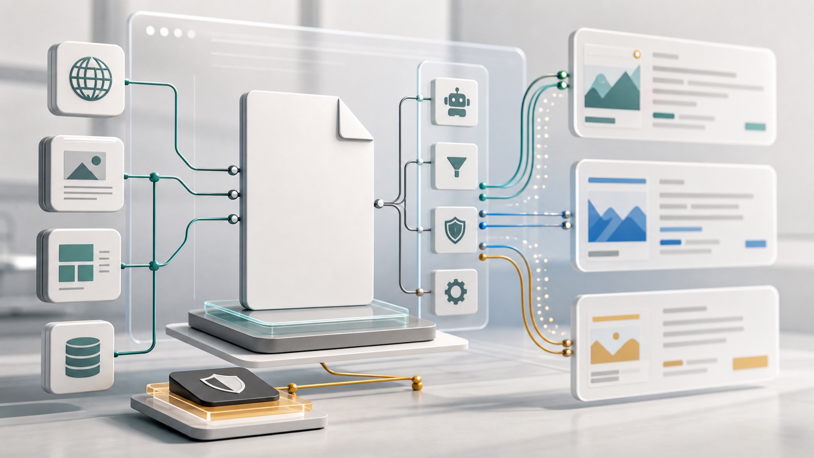 Editorial illustration of a machine-readable file connected to a sitemap, robots.txt and AI answer panels