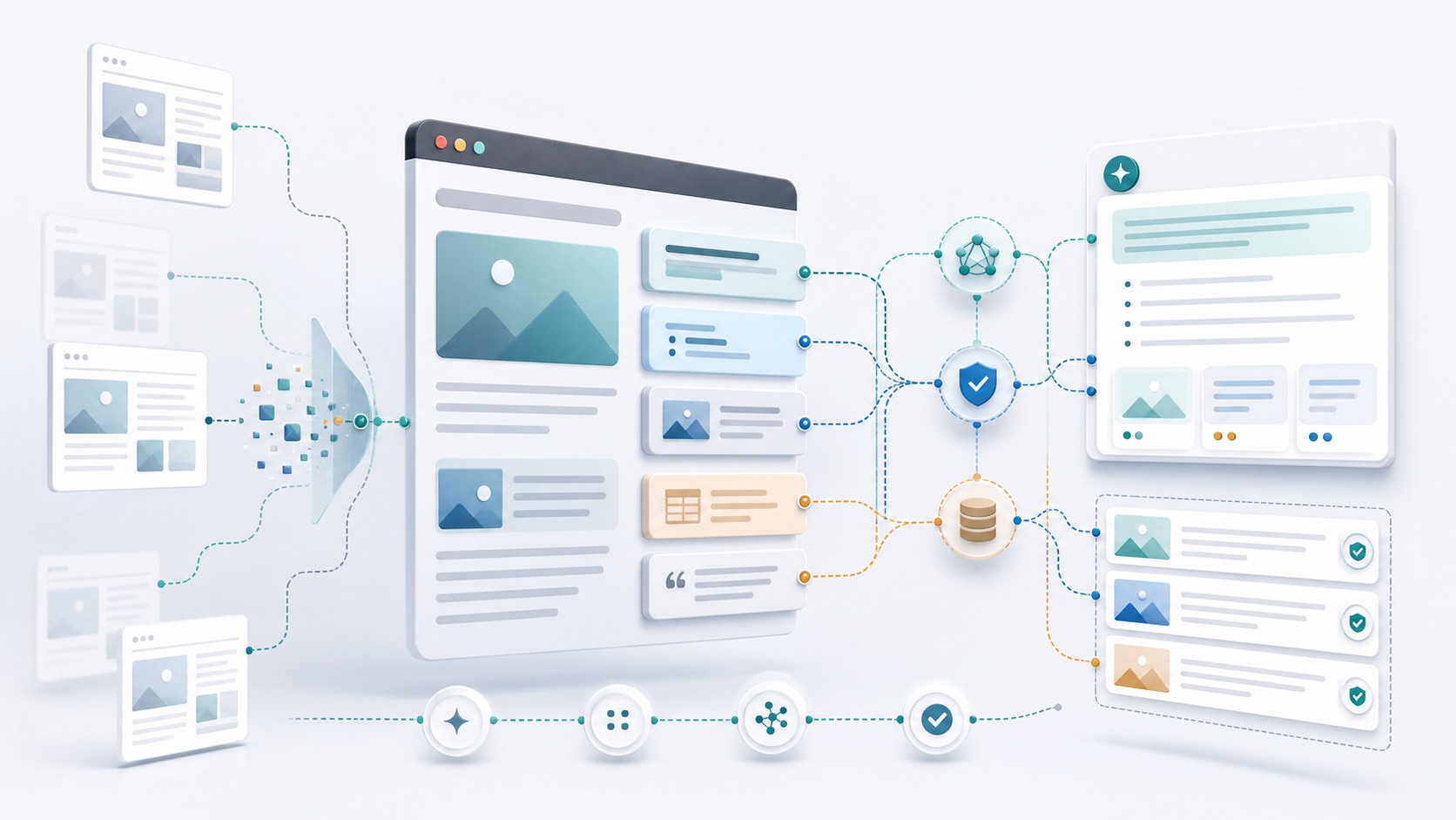 Structured content blocks flowing into verified AI answer panels through retrieval paths
